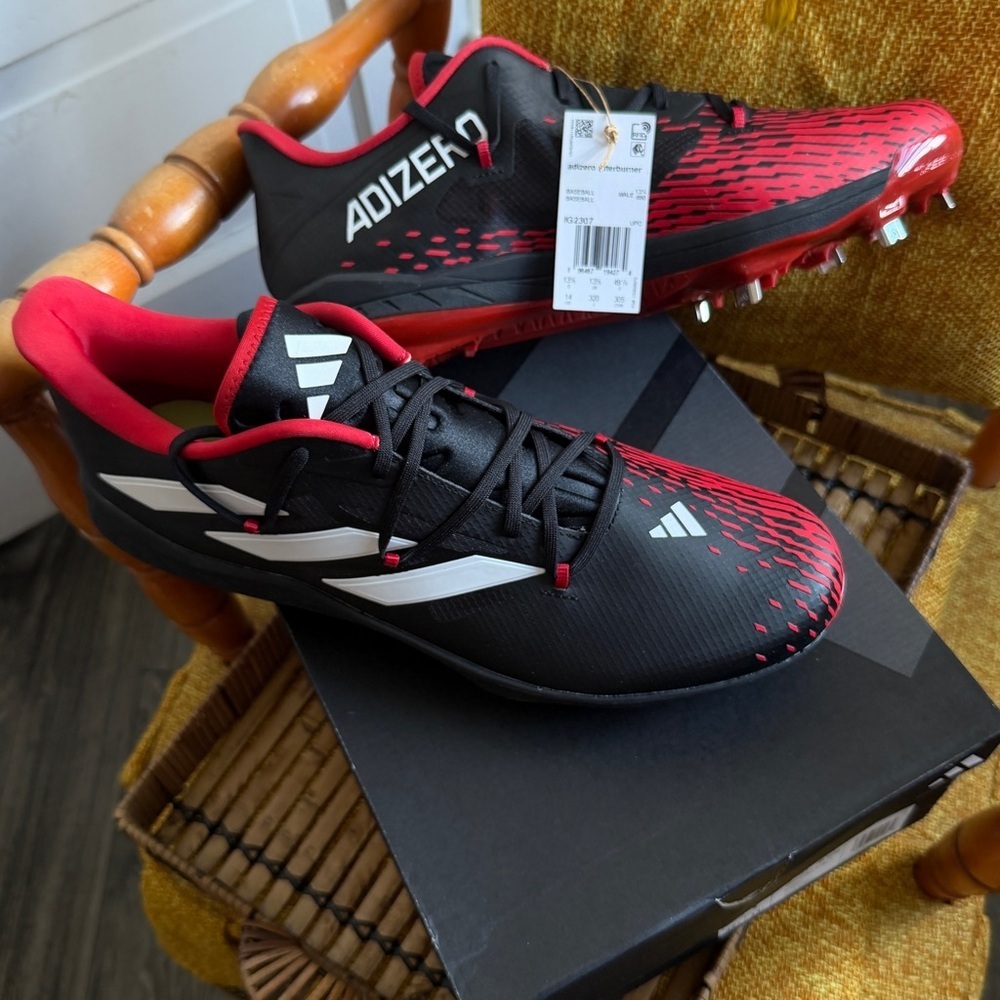 adidas Adizero Men's Black and Red Baseball Afterburner 9 Spikes 14 NEW IN BOX